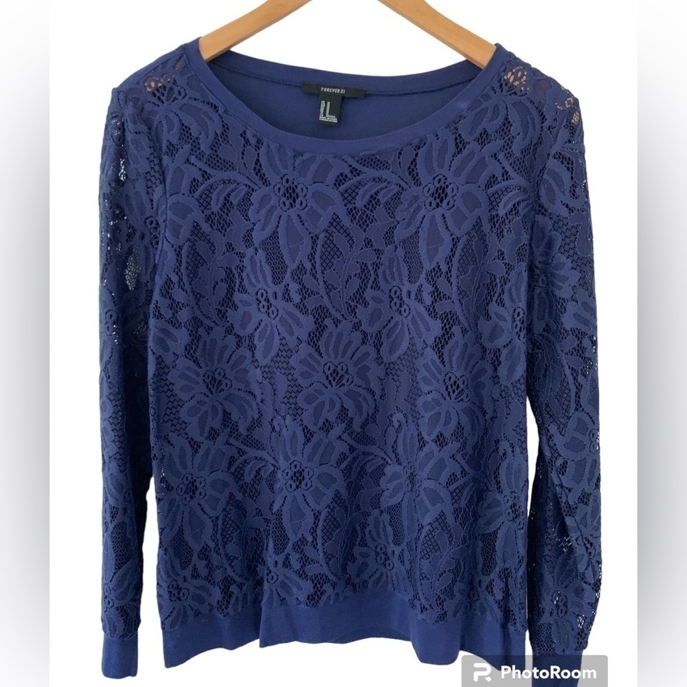 Forever 21 Navy Blue Lace Floral Long-sleeve Top Medium